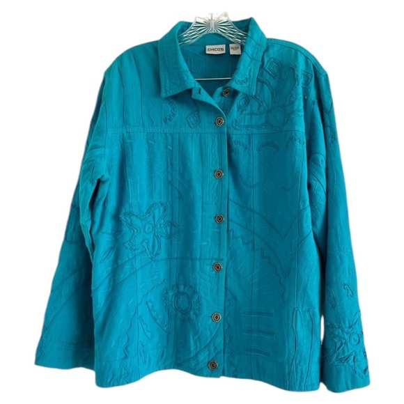 CHICO’S Women’s Teal Jacquard Button Up Long Sleeve 100% Cot Shirt Jacket-Size 2 - Picture 1 of 5